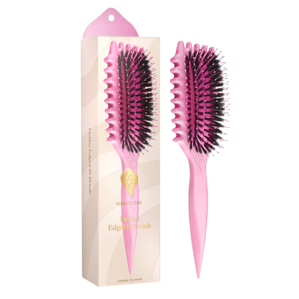 Bounce Curl front view of pink Define EdgeLift brush showing shape and color, easy handling benefit