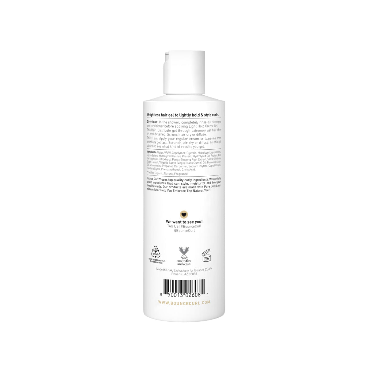 Bounce Curl label detail highlighting silicone-free formula and cleaner styling