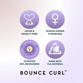 Bounce Curl product label and packaging highlighting bio-based materials and features