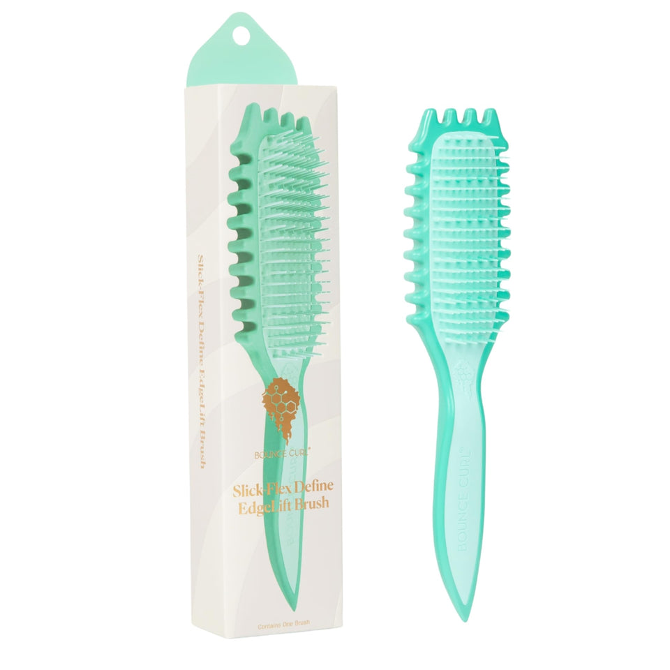Bounce Curl brush front view in teal showing compact shape and easy grip benefit