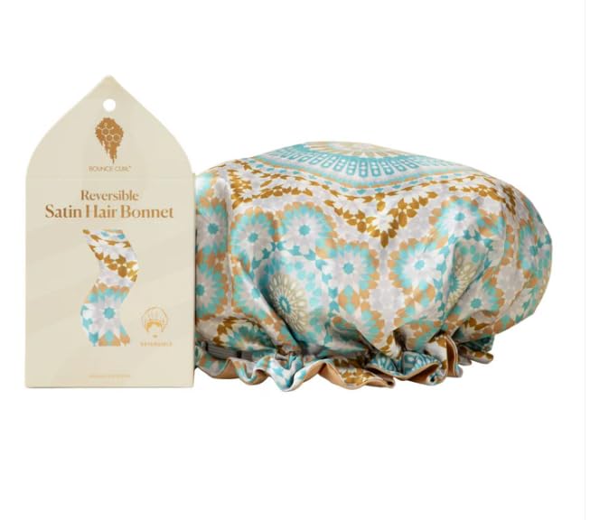 Bounce Curl teal bonnet front view showing smooth satin and secure fit for protected curls