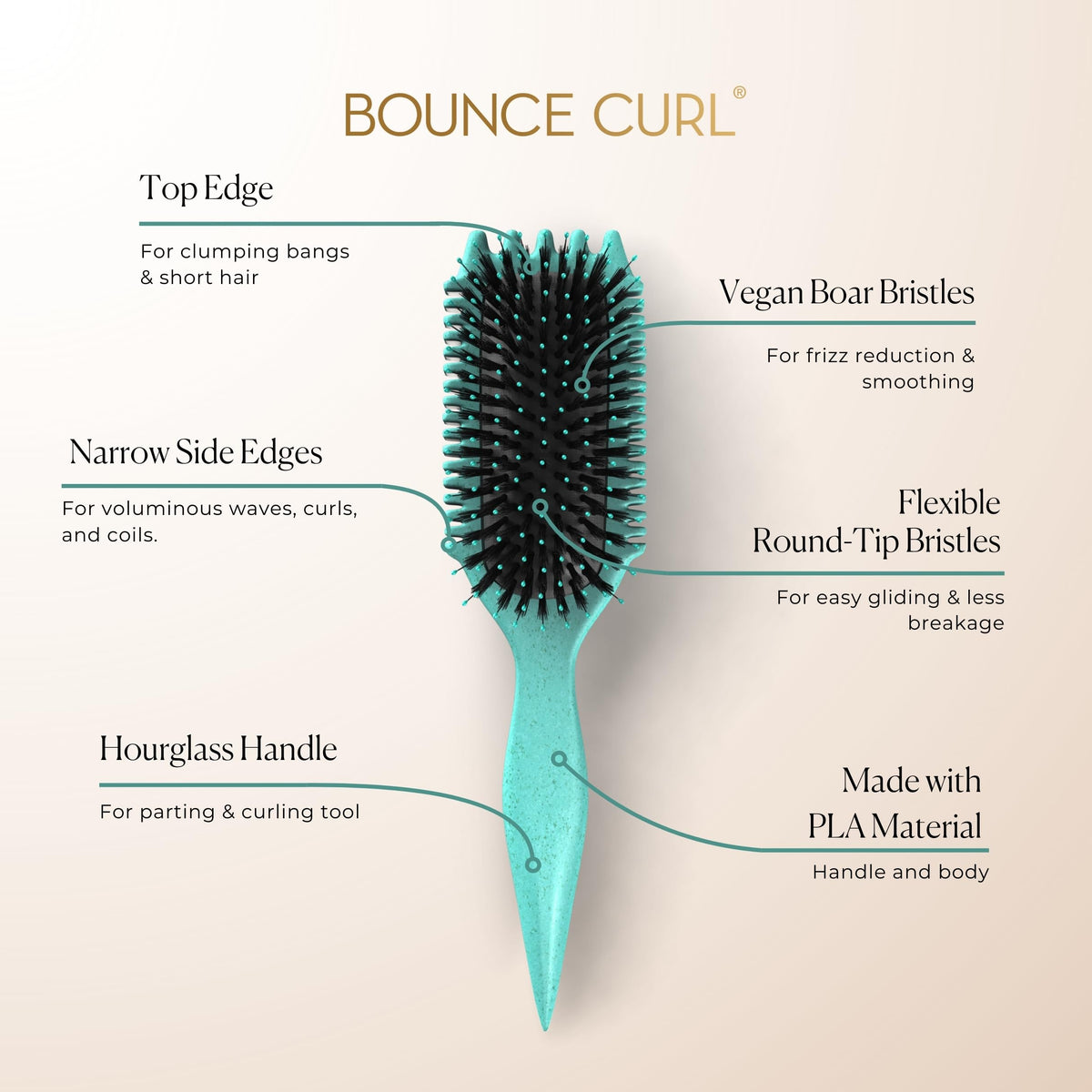 Bounce Curl bristle close-up revealing vegan boar bristles for smoothness