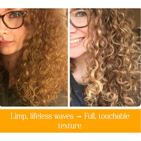 BOUNCE STYLE product applied to wavy hair illustrating enhanced definition and reduced frizz
