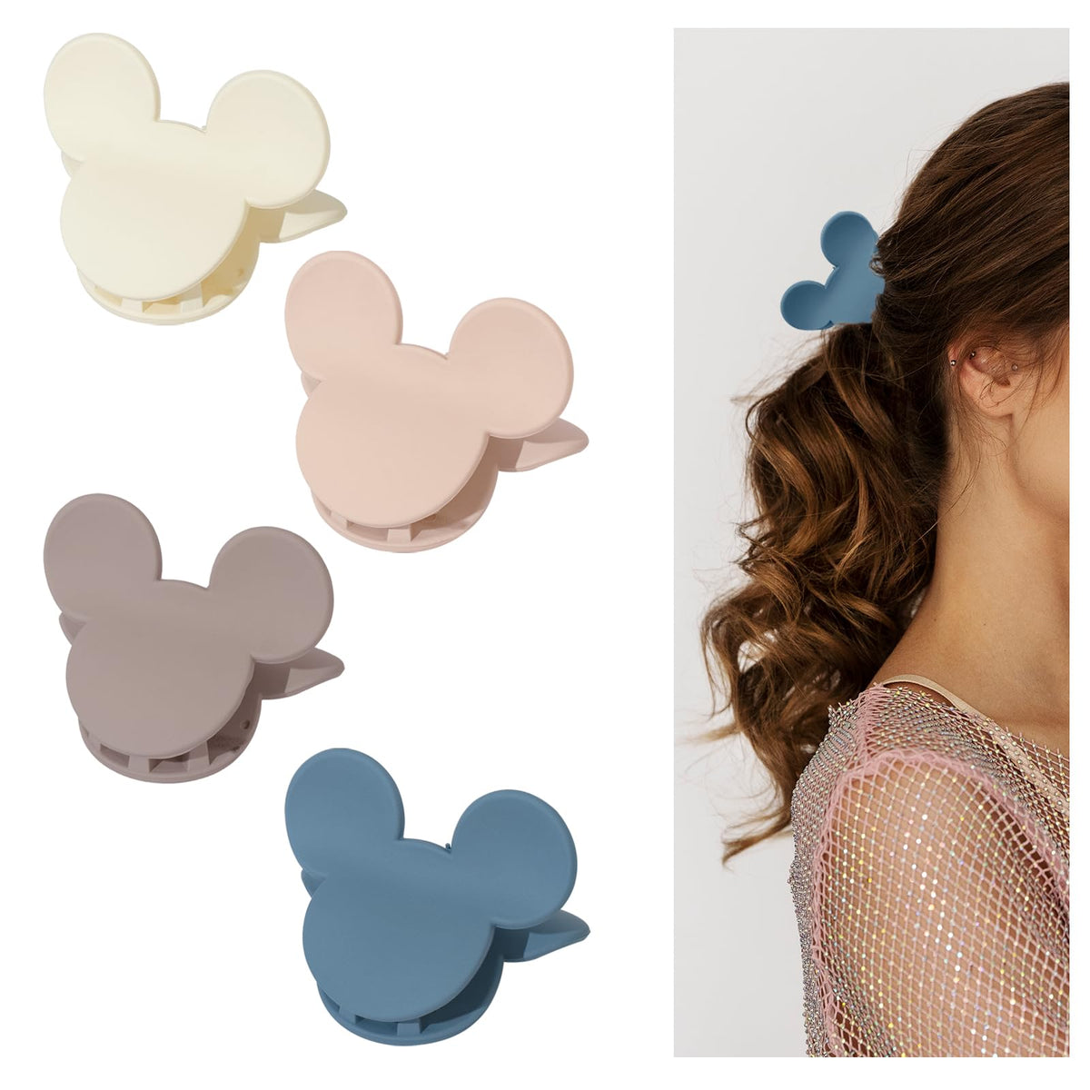 BOUNIQ front view of four matte mouse-ear clips showing colors and shape, easy styling