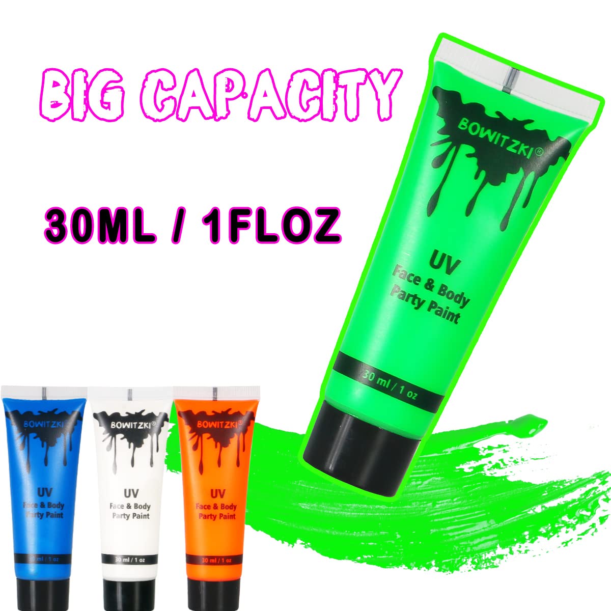 Bowitzki arm design showing bold UV colors and long-wear coverage for body art