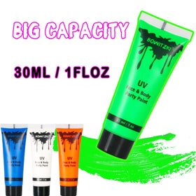 Bowitzki arm design showing bold UV colors and long-wear coverage for body art