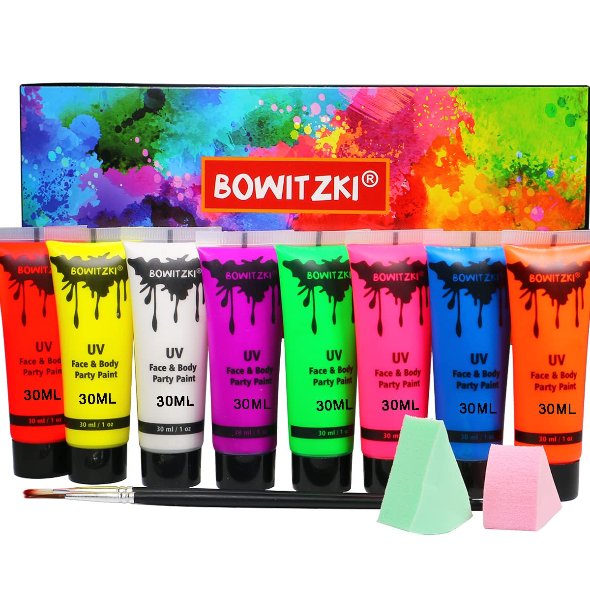 Bowitzki front packaging showing all eight neon color tubes and tools for quick setup