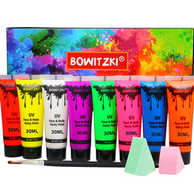 Bowitzki front packaging showing all eight neon color tubes and tools for quick setup