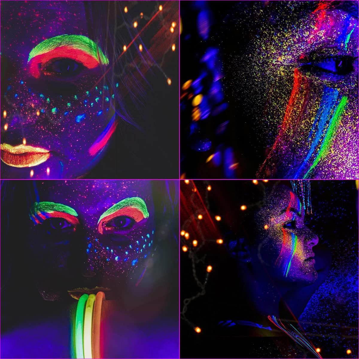 Bowitzki face painted glowing under blacklight highlighting vibrant festival-ready effect