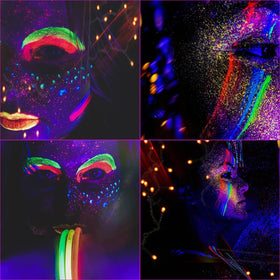 Bowitzki face painted glowing under blacklight highlighting vibrant festival-ready effect