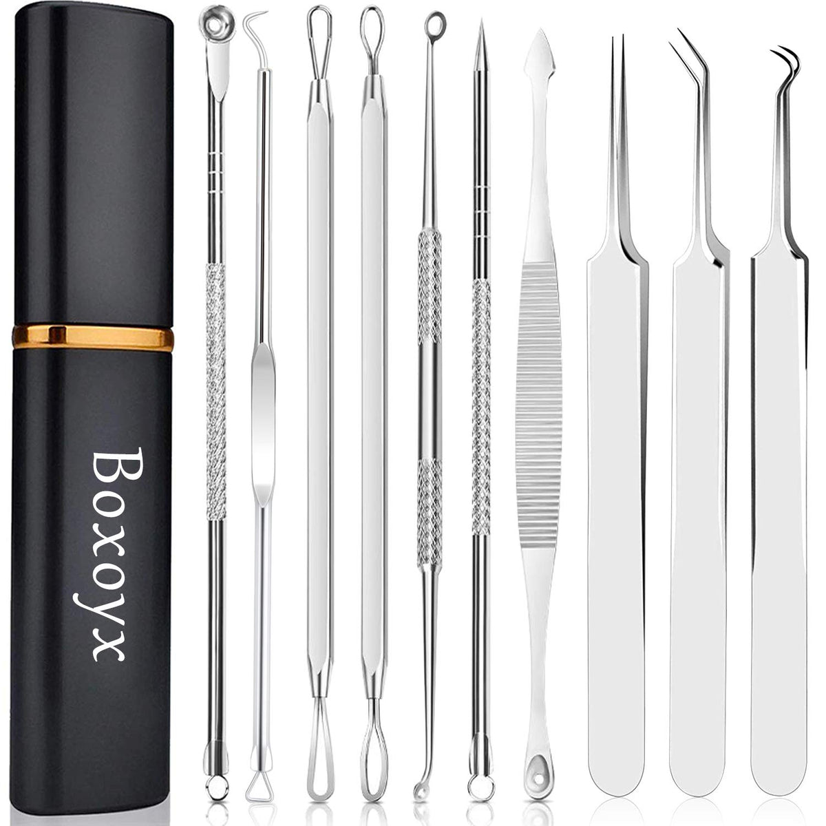 Boxoyx metal case open showing ten stainless steel tools for precise blemish removal