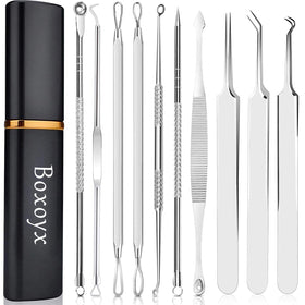 Boxoyx metal case open showing ten stainless steel tools for precise blemish removal