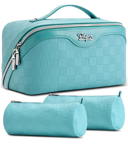 BOYATU front view of light blue checkered cosmetic bag showing design and zipper benefit