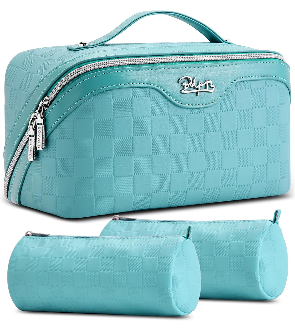 BOYATU front view of light blue checkered cosmetic bag showing design and zipper benefit