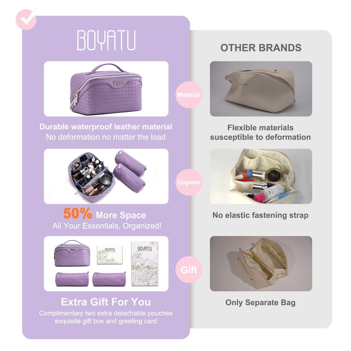 BOYATU open main bag with organized cosmetics for easy packing