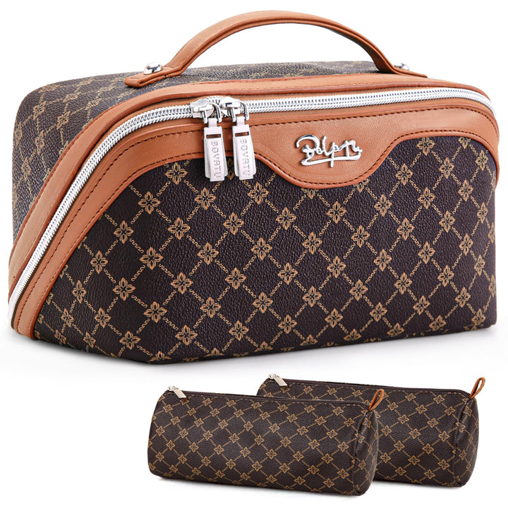 BOYATU front view of travel makeup bag showing handle and zipper benefits organized carry