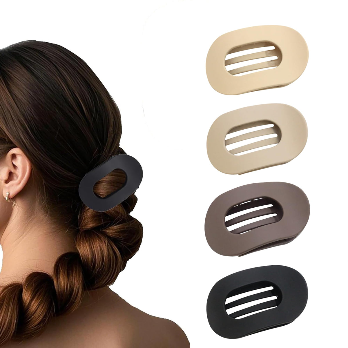 B.PHNE front view of four flat clips showing colors and style benefit