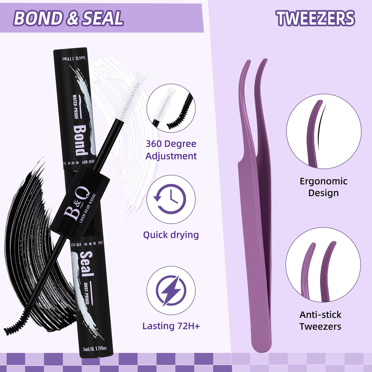 B&Qaugen 2-in-1 lash bond and seal tube demonstrating 72-hour hold