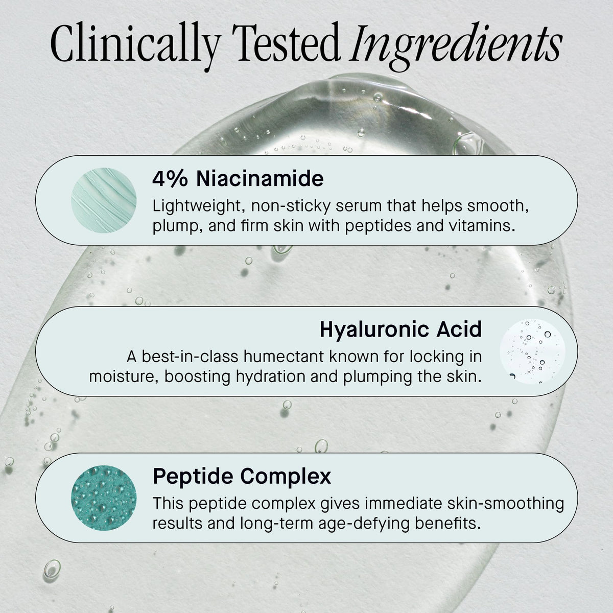 Brandefy ingredient display with niacinamide and hyaluronic acid benefits
