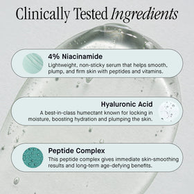 Brandefy ingredient display with niacinamide and hyaluronic acid benefits