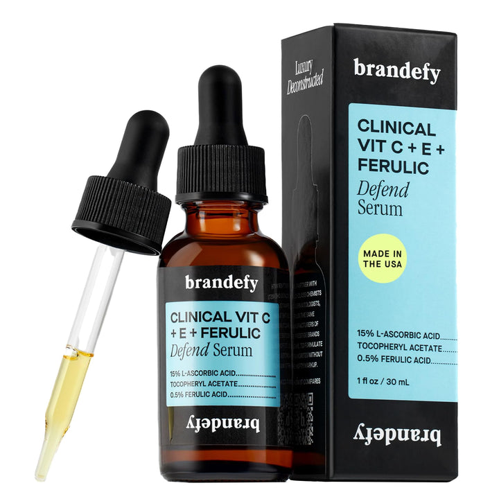 Brandefy vitamin C serum front packaging showing clinical label and benefit