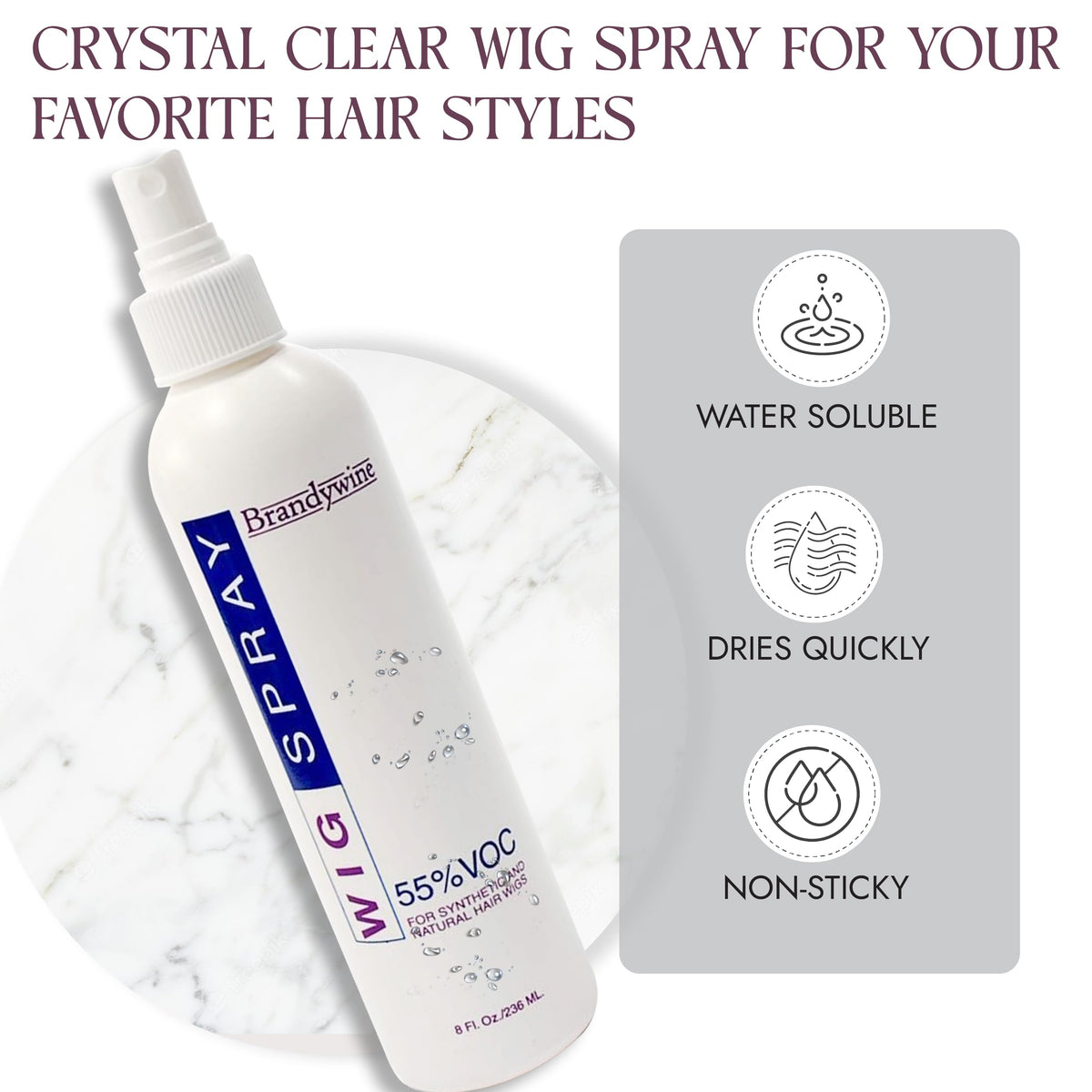 brandywine applied to synthetic wig close-up showing reduced frizz and natural shine benefit