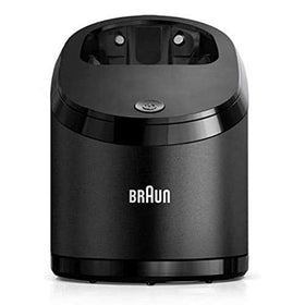 Braun clean & charge base front view showing controls and compact design benefit
