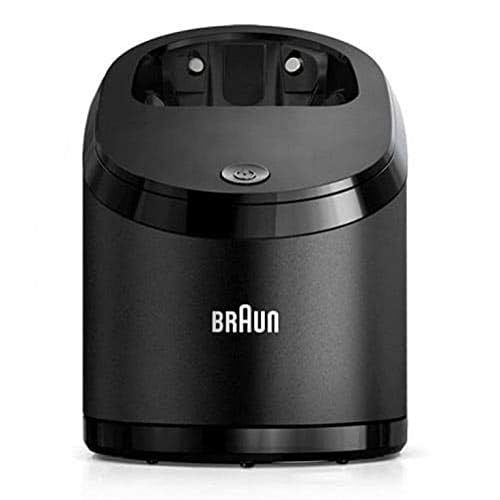 Braun clean & charge base front view showing controls and compact design benefit