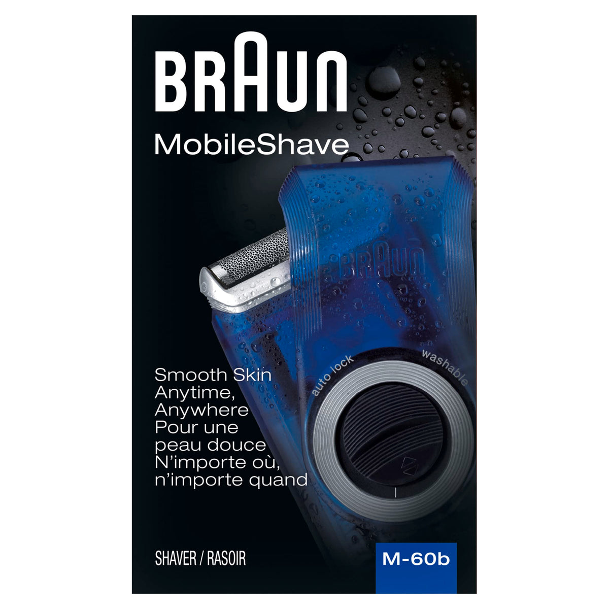 Braun M60b front view showing compact shaver and twist cap, perfect for quick touch-ups