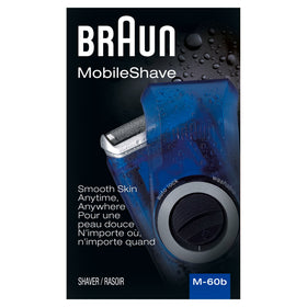 Braun M60b front view showing compact shaver and twist cap, perfect for quick touch-ups