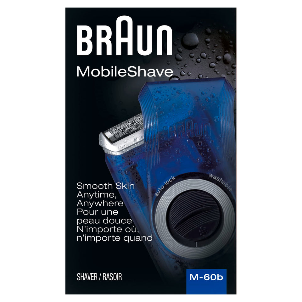 Braun M60b front view showing compact shaver and twist cap, perfect for quick touch-ups