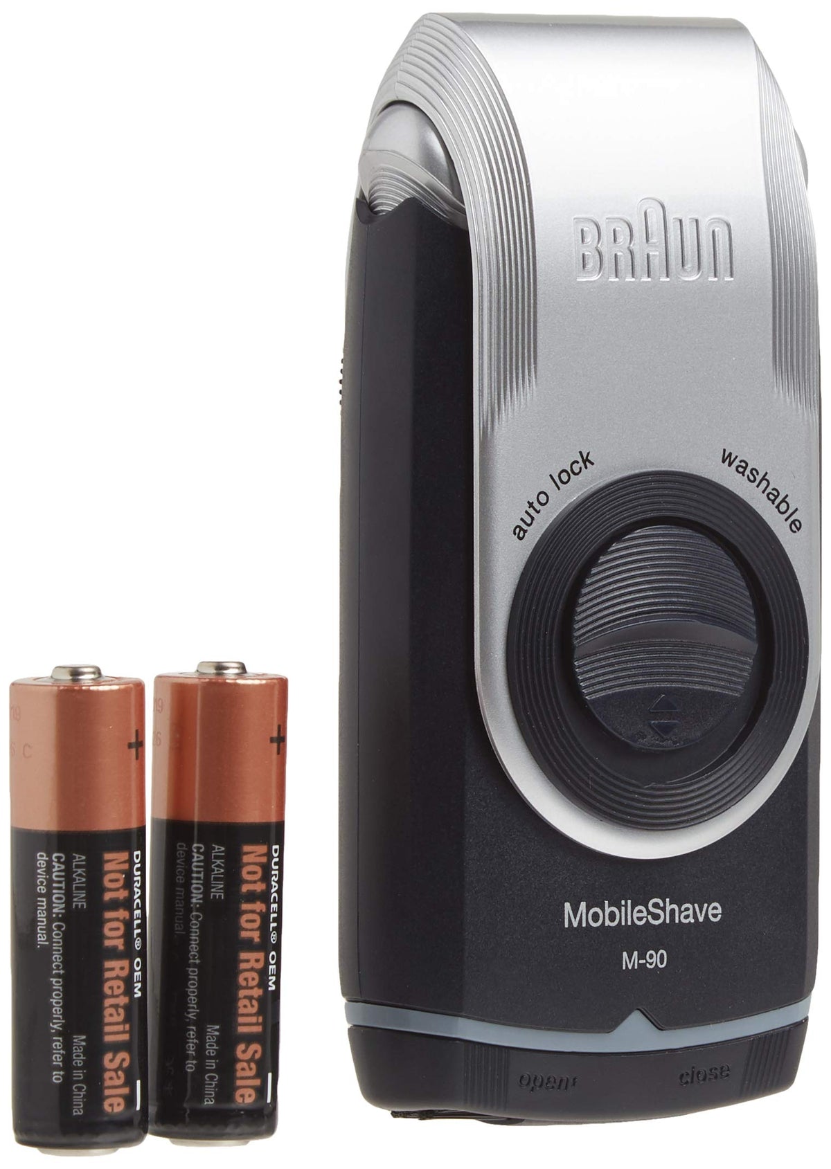 Braun M90 precision trimmer detail showing pop-up trimmer for defined edges