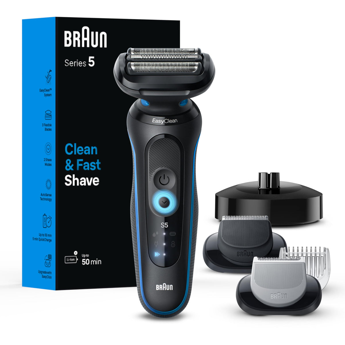 Braun shaver front view showing ergonomic handle and foil for comfortable shaving