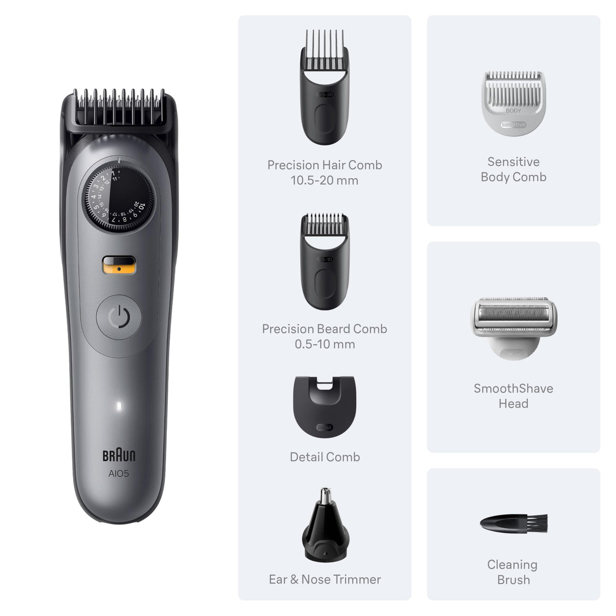 Braun accessories laid out to show included heads and comb versatility