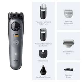 Braun accessories laid out to show included heads and comb versatility