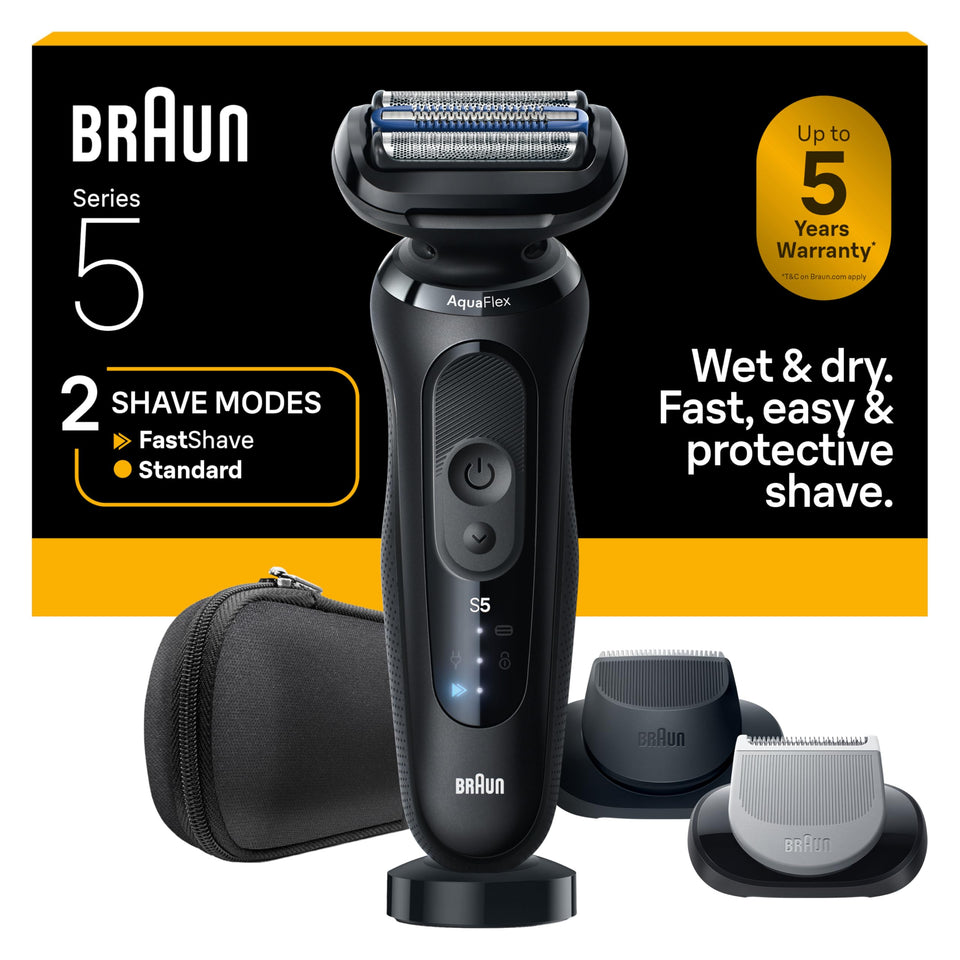 Braun Series 5 front view showing sleek black design and ergonomic grip benefit