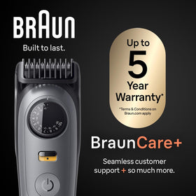 Braun trimmer held in hand to show compact travel-friendly scale