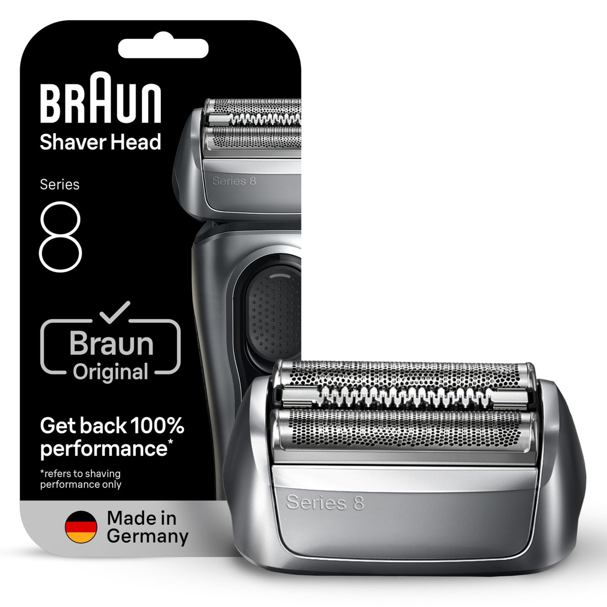 Braun Series 8 front packaging showing new 83M cassette, ensuring authentic replacement