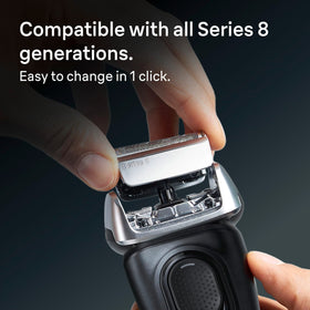Braun Series 8 cassette installed on shaver illustrating easy one-click replacement