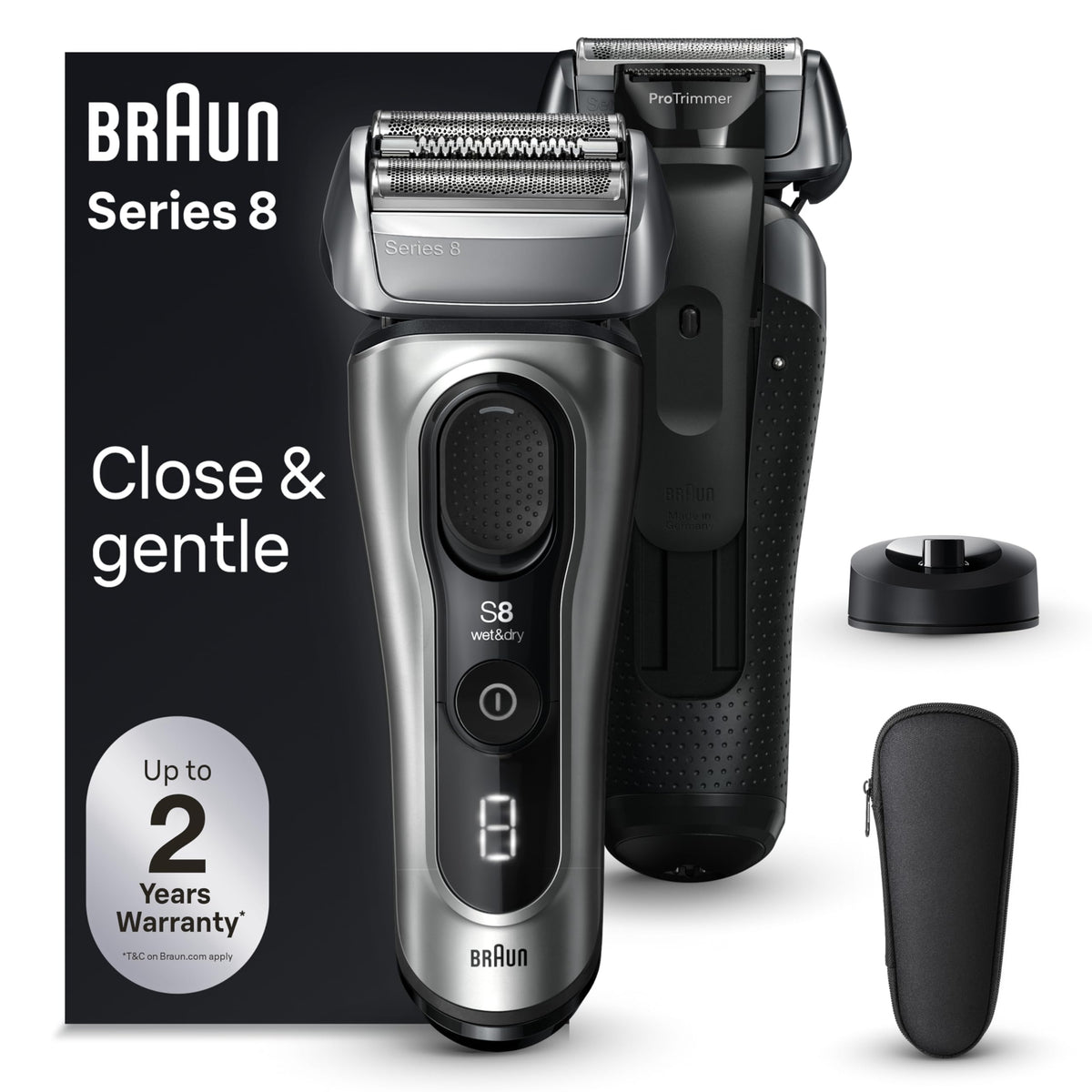 Braun Series 8 front view shows galvano silver finish and ergonomic grip benefits