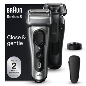 Braun Series 8 front view shows galvano silver finish and ergonomic grip benefits