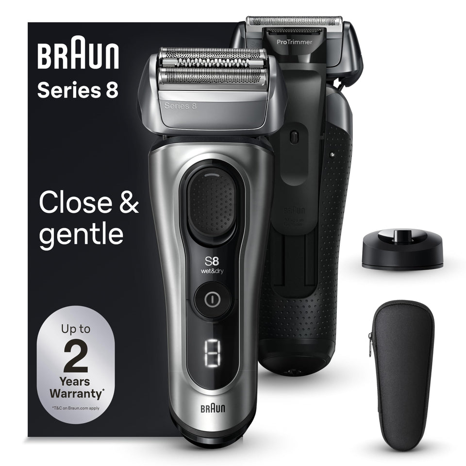 Braun Series 8 front view shows galvano silver finish and ergonomic grip benefits