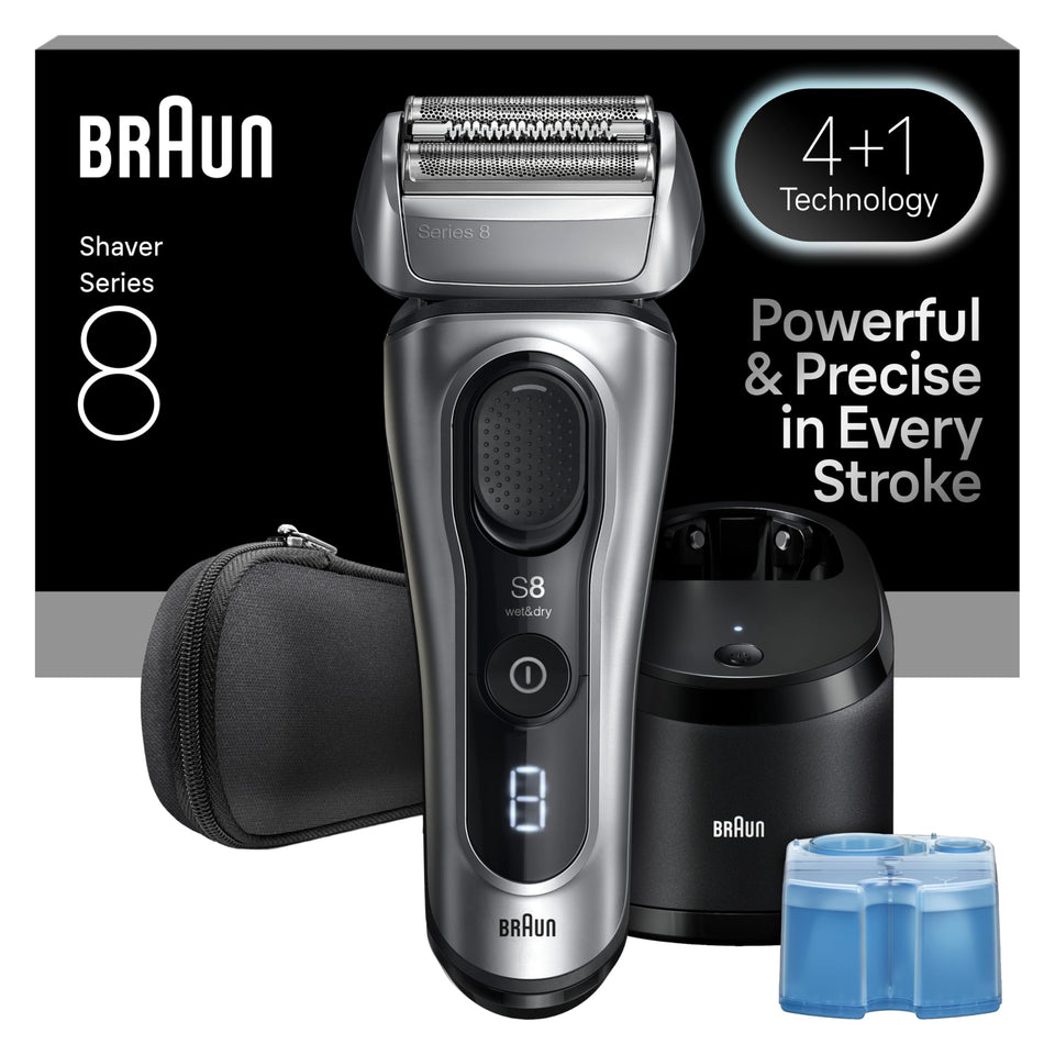 Braun Series 8 front view showing ergonomic handle and shaving head benefit: comfortable grip