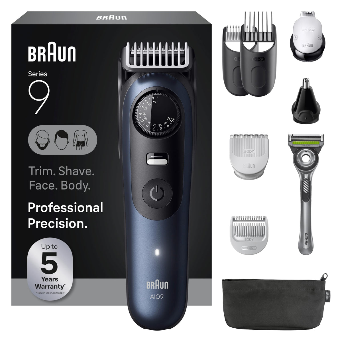 Braun Series 9 front view showing complete grooming kit and portability benefit