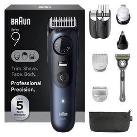 Braun Series 9 front view showing complete grooming kit and portability benefit