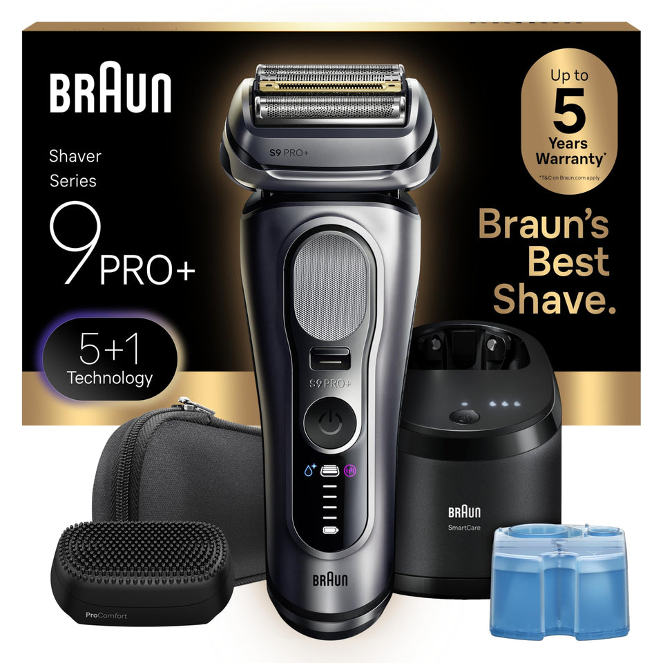 Braun Series 9 PRO+ front view showing ergonomic handle and foil for precise shaving