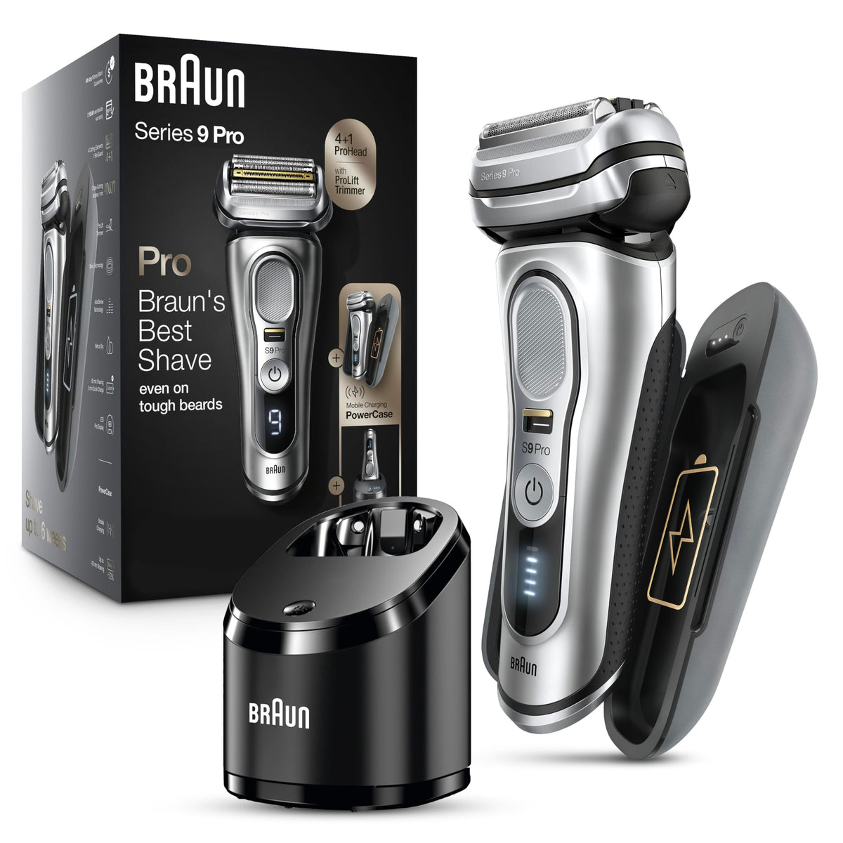 Braun Series 9 Pro front view showing sleek silver shaver and ergonomic grip for comfortable control