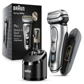 Braun Series 9 Pro front view showing sleek silver shaver and ergonomic grip for comfortable control