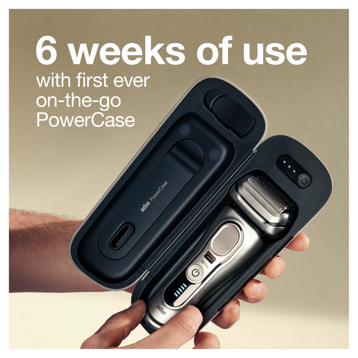 Braun Series 9 Pro PowerCase open beside shaver for portable charging on the go