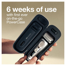 Braun Series 9 Pro PowerCase open beside shaver for portable charging on the go